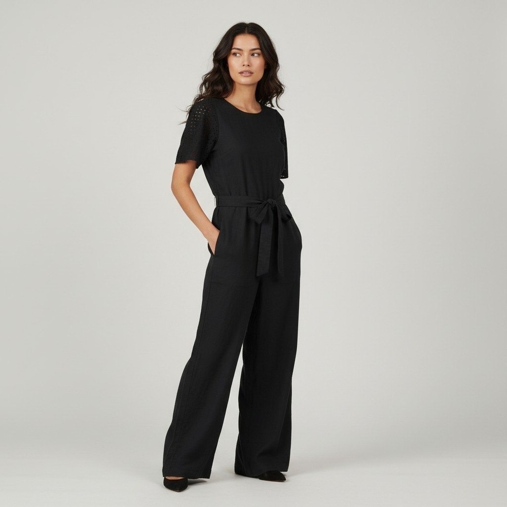 Apiece Apart Black Eyelet Sleeve Button Front Tie Waist Jumpsuit Size 2